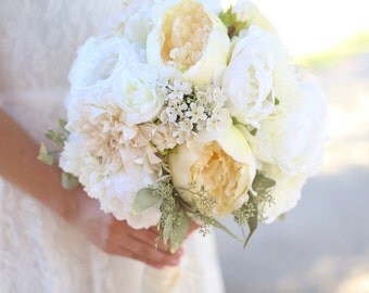 Silk Bride Bouquet White Cream Roses Peonies Wildflowers Natural Shabby Chic Vintage Inspired Rustic Wedding Silk Bride Bouquet White Cream Roses Peonies Wildflowers Natural Shabby Chic Vintage Inspired Rustic Wedding