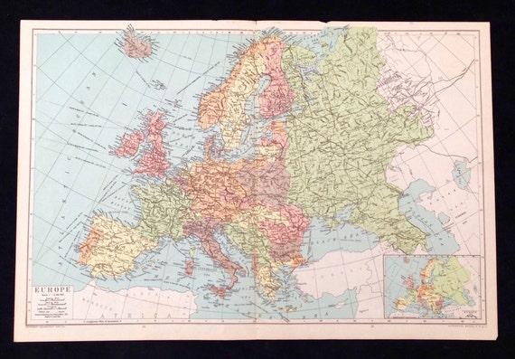 1940's Europe Map Double Page Vintage Europe Map by Cherylscache