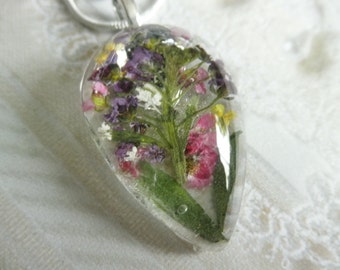 Pink, Purple & Maroon Alyssum, Queen Anne's Lace Pressed Flower Glass Pendant-Symbol Of Worth Beyond Beauty,Peace-Gifts Under 30