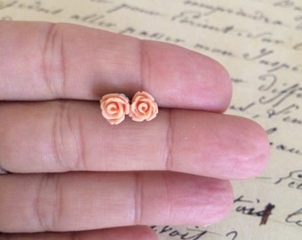 Tiny Salmon Rose Earrings / Dusty Pink Flower Stud Earrings / Pale Coral Salmon Earrings / The Rosie Small Size Studs