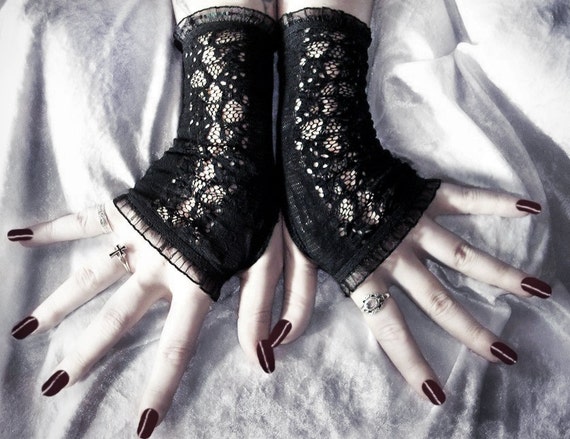 Ode to Revenge Lace Fingerless Gloves - Black w/ Fishnet - Gothic Vampire Dark Tribal Bellydance Evening Victorian Ruffle Wedding Goth Cyber by ZenAndCoffee steampunk buy now online Ode to Revenge Lace Fingerless Gloves - Black w/ Fishnet - Gothic Vampire Dark Tribal Bellydance Evening Victorian Ruffle Wedding Goth Cyber by ZenAndCoffee steampunk buy now online