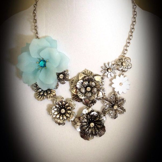 Something Blue Metal And Glass Flower Bib Necklace