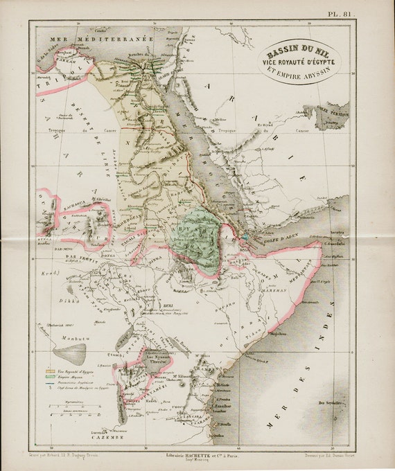 1872 Antique EGYPT map Ancient Abyssinian Empire Bay Nile