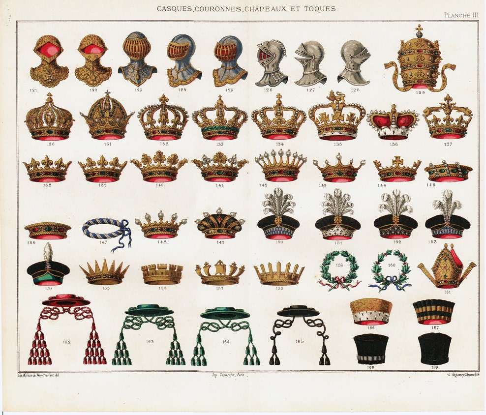1872 Antique Heraldry Print Knight Helmets King Crowns Headgear Heraldry Art Quotes Funny Knight