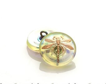 Handmade Czech glass button - 18mm lime and gold dragonfly button - 15079/8