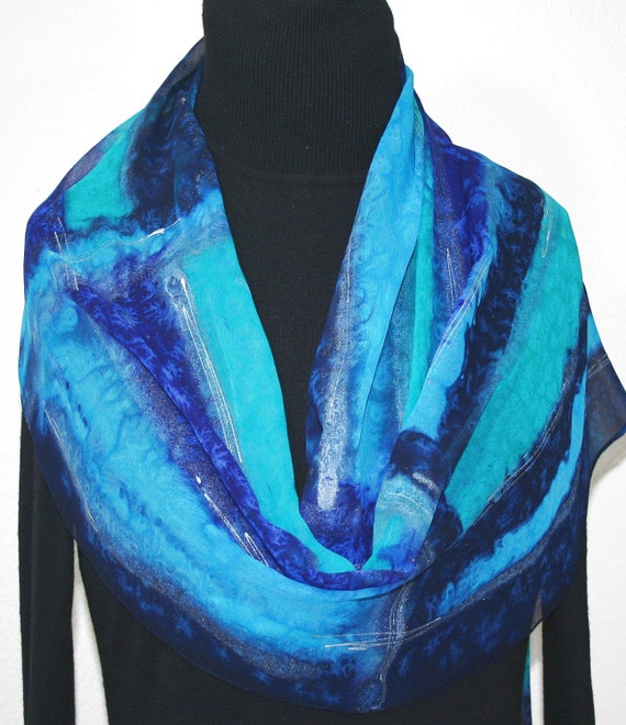 Blue Silk Scarf Handpainted. Turquoise Teal Hand Painted