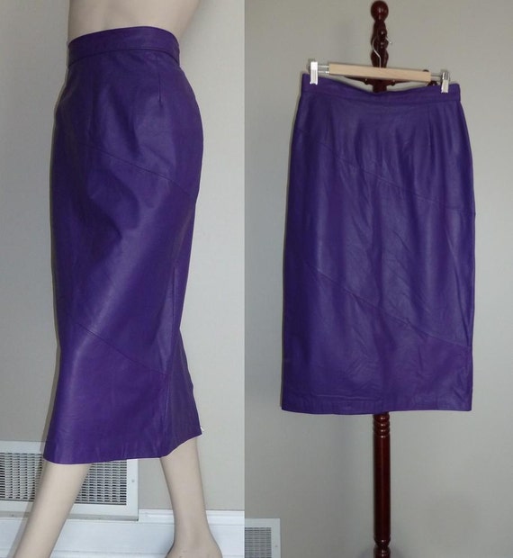 80s Purple Leather Pencil Skirt Long Length by HookandEyeVintage
