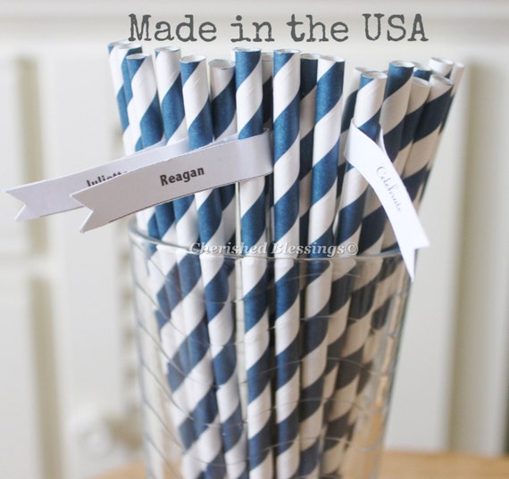 Navy Blue Paper Straws, 50 Navy Straws Made in USA, Rustic Wedding, Vintage Baby Shower, Paper Goods, Table Setting, Party Supplies Il_570xn