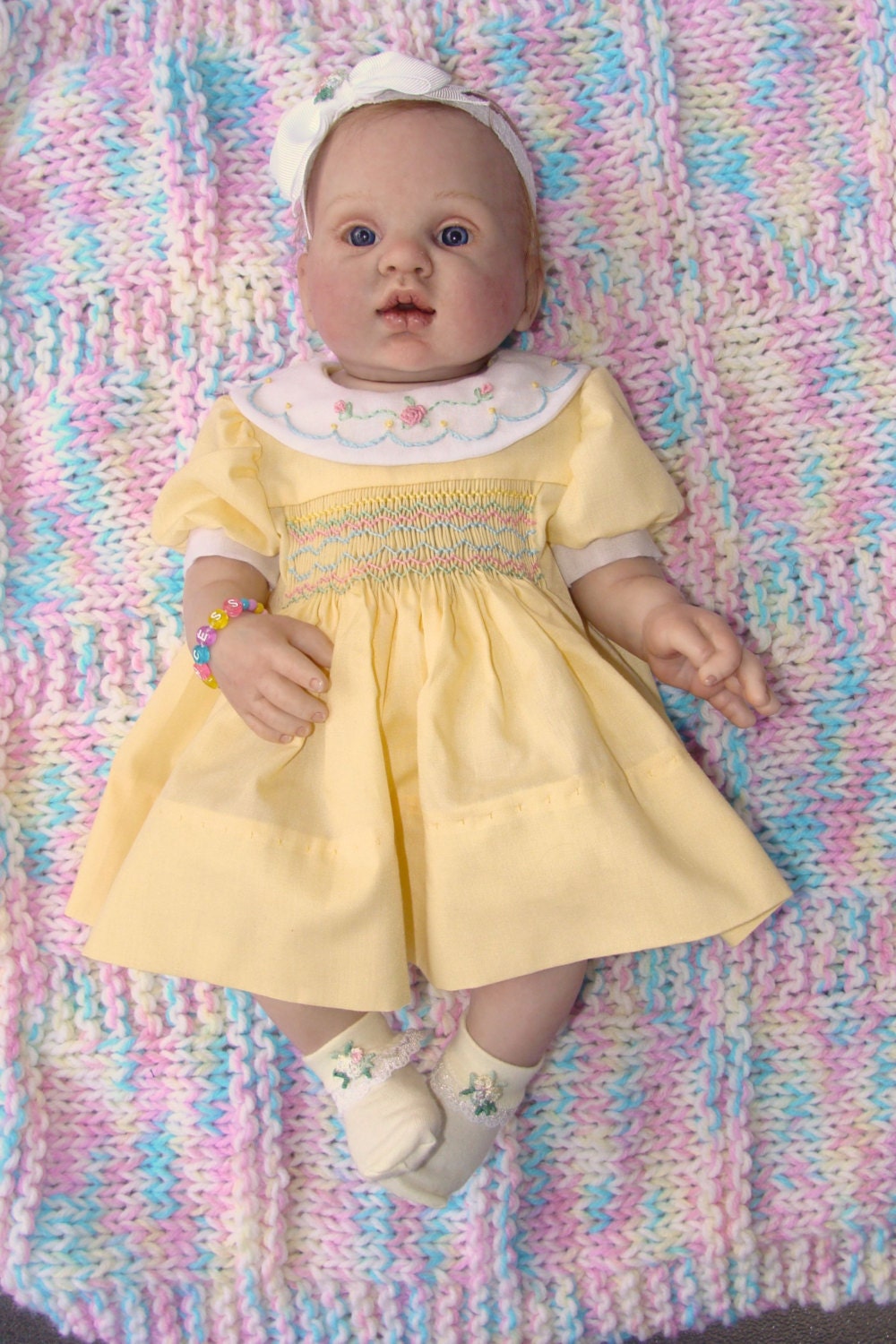 16 inch reborn preemie baby doll clothes Yellow and smocked