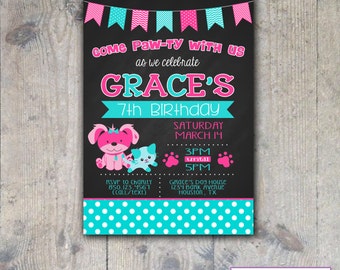 CHALKBOARD PUPPY & KITTY 5x7 Birthday Party Invitation - Printable