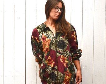 Vintage Slouchy Jacket - 1980s Baroque Print Coat - Cheetah Rose Print Versace Style jacket - Extra Large / XL to 3XL