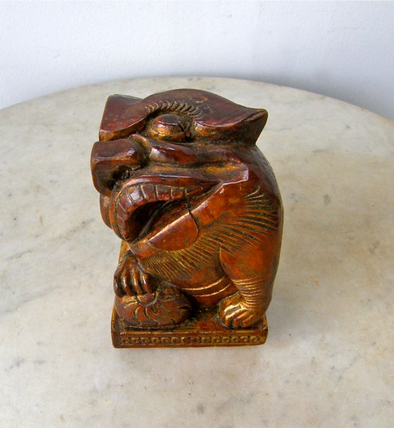 CHINESE FOO DOG Wooden Hand Carved Folk Art Golden by OnceUpnTym