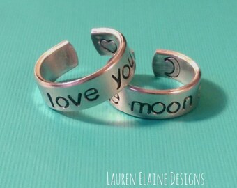 I Love You to the Moon & Back Ring Set- Hand Stamped Aluminum Rings- You Choose the Font
