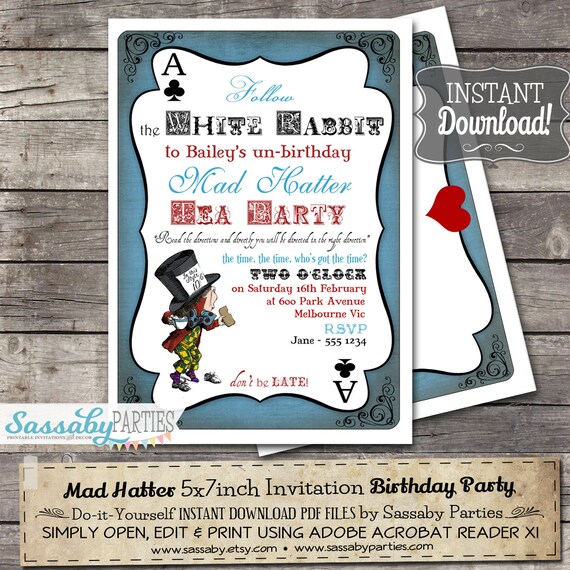 Mad Hatter Tea Party Invitation - Alice in Wonderland - INSTANT DOWNLOAD - Editable & Printable Birthday Invitation by Sassaby Il_570xn