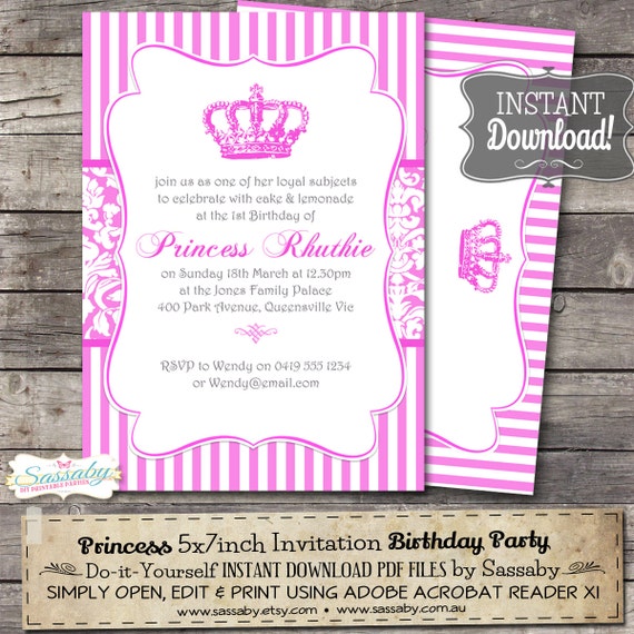 Princess Birthday Party Invitation - INSTANT DOWNLOAD - Editable & Printable Girls Birthday Invitation by Sassaby Il_570xn