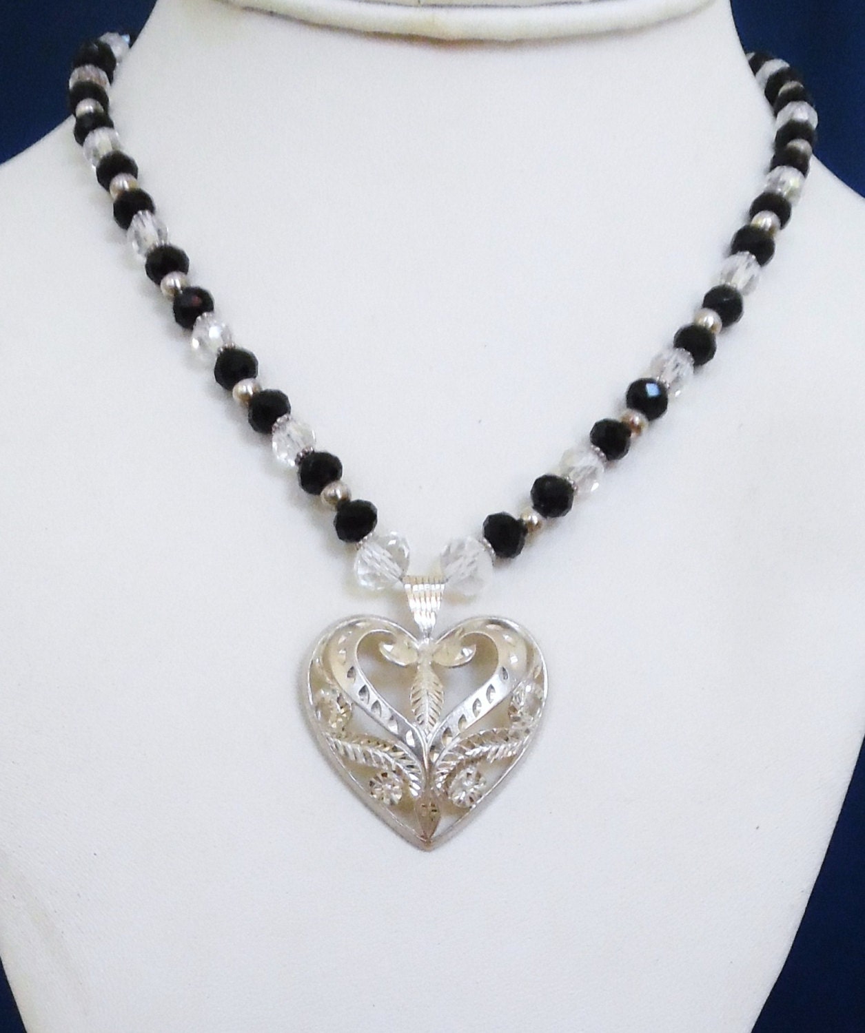 Black Crystal Necklace Sterling Silver Heart Pendant