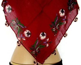 Burgundy Grandmother SHAWL, Tulip Print Scarf,Bridal Scarf,Authentic, Romantic, Fashion, 1985s Vintage Scarf