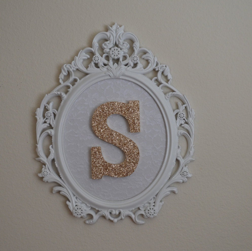 White ornate oval framed glitter letter-Gold lace nursery