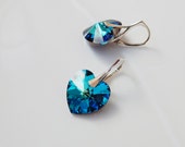 Sterling silver Swarovski crystal bright cobalt sapphire blue Bermuda blue heart shape pendant dangle leverback earrings