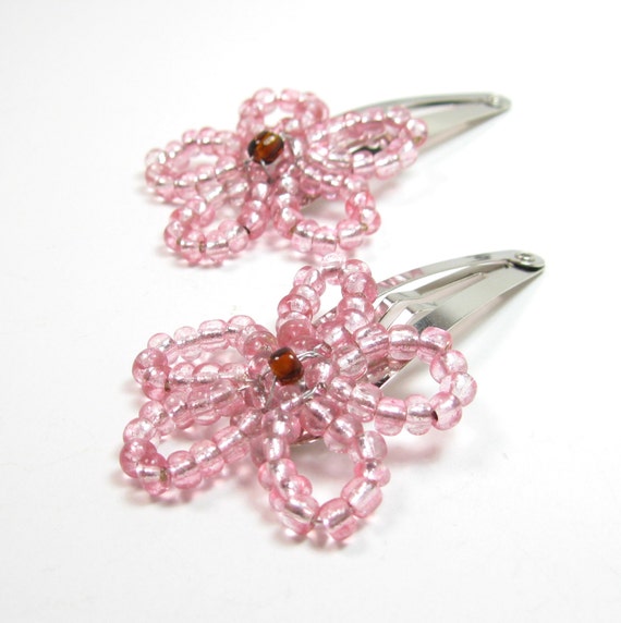 Items similar to Pink Beaded Hair Clips - Flower Barrettes - Kids Hair ...