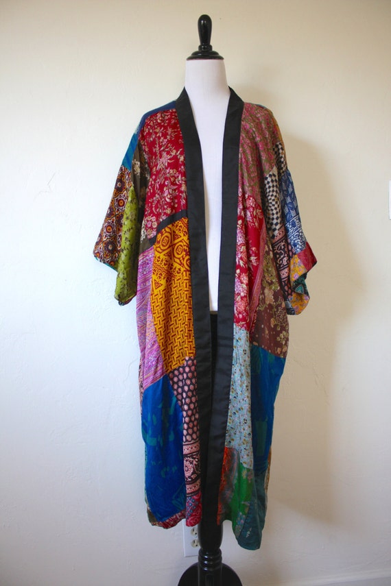 Vintage Reversible Patchwork Silk Kimono Robe
