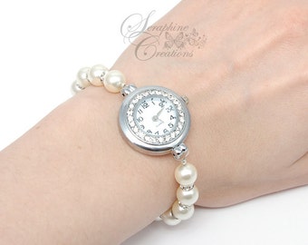 Pearl Watch, Pearl Bracelet Watch, Bracelet Watch, Bridal Pearl Bracelet, Wedding Jewelry, Wedding Bracelet, Swarovski Pearls Z02