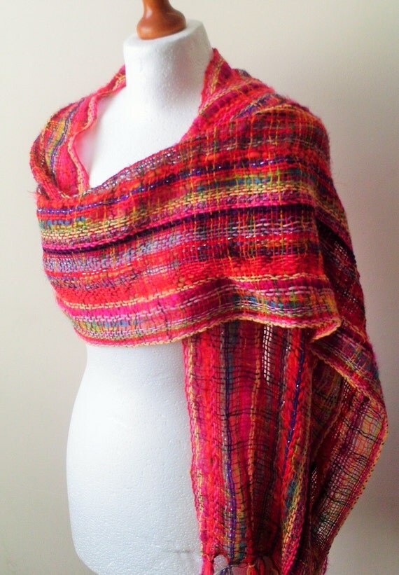 Vibrant Handwoven Scarf/Shawl Woven Scarf by LittleStickCreations