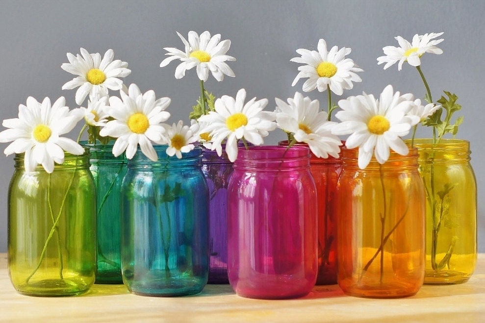 Hand Painted Mason Jar Vases in A Full Rainbow by LITdecor on Etsy