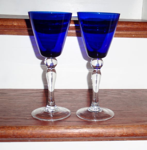 2 COBALT BLUE Goblets Wine Goblets Hand Blown by GlassPalace