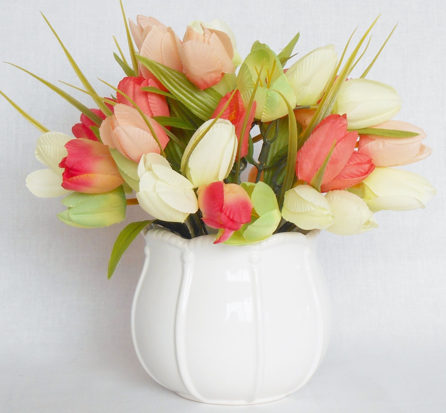 Silk Flower Arrangement Coral Crocus White Crocus Green