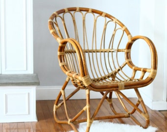 Vintage Rattan Armchair Albini Italian Mid Century Style Curved Seat Scoop Woven Cane