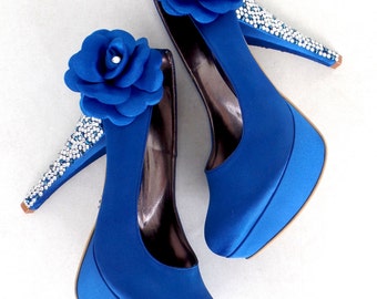 Royal Blue Wedding Shoes with Flowers&Rhinestones - Bridesmaids Shoes