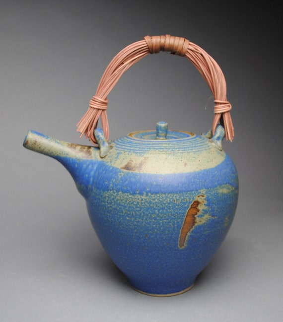 Clay Teapot Blue with Handmade Handle C49