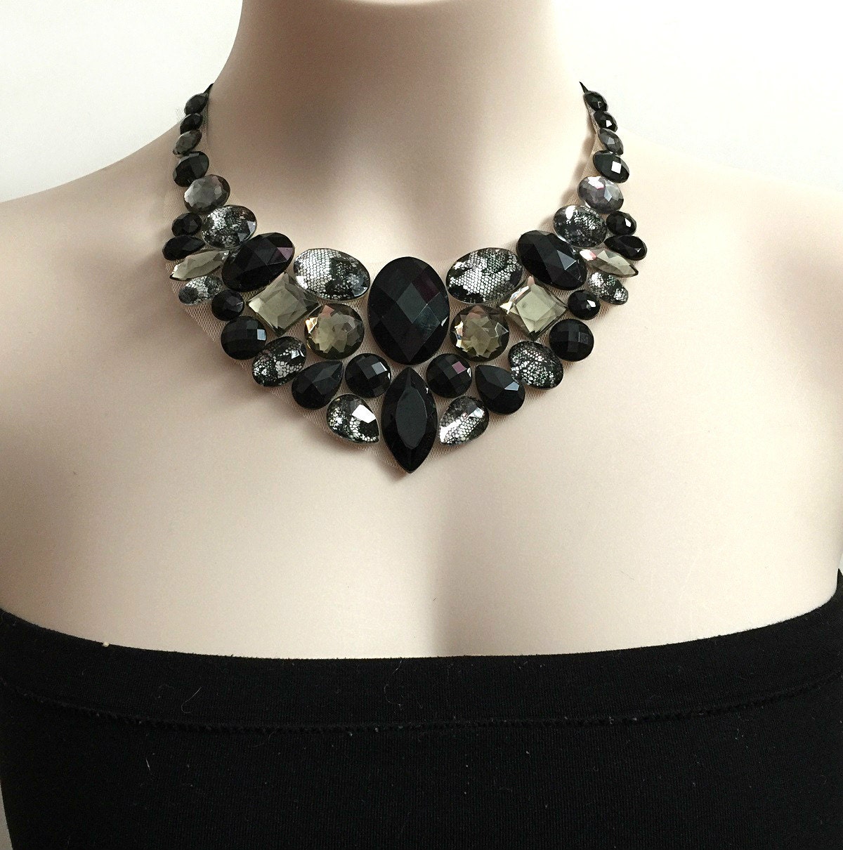 bib necklace black grey lacy rhinestone bib unique