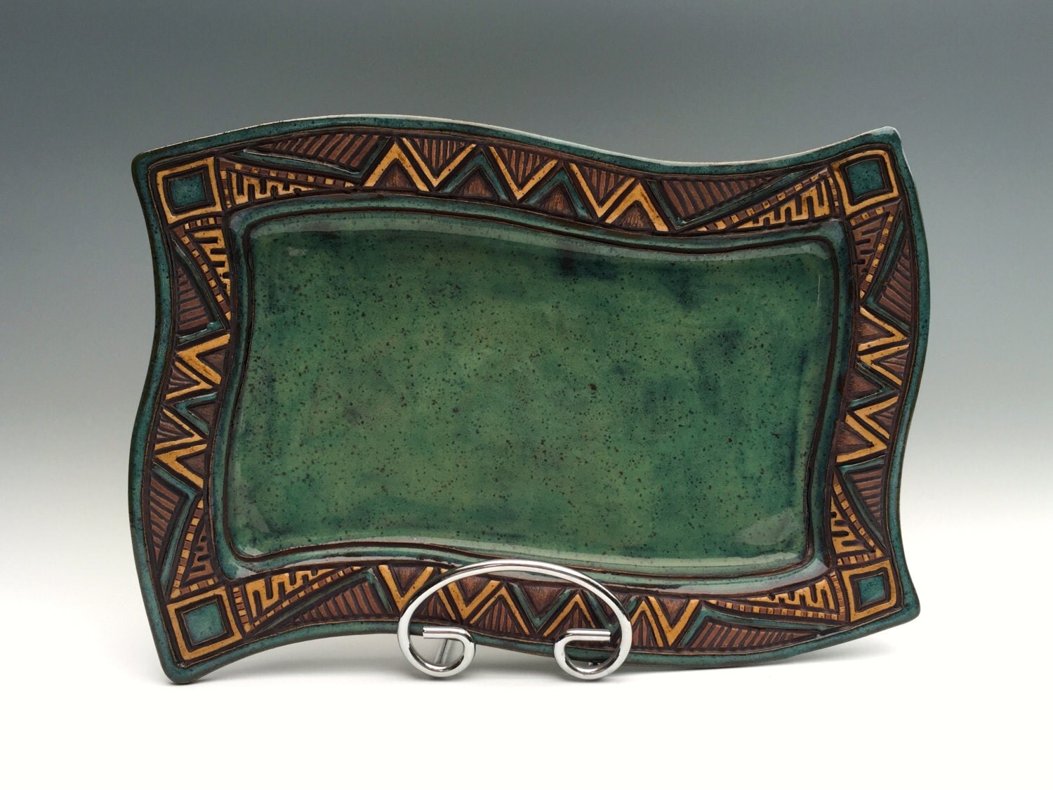 Hand Built POTTERY WAVY PLATTER Stoneware Carved Serving