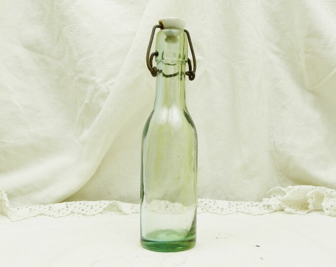 Small Antique French Glass Beer Bottle with Metal and Porcelain Mechanical Stopper / French Country Decor / Retro Vintage Home Interior