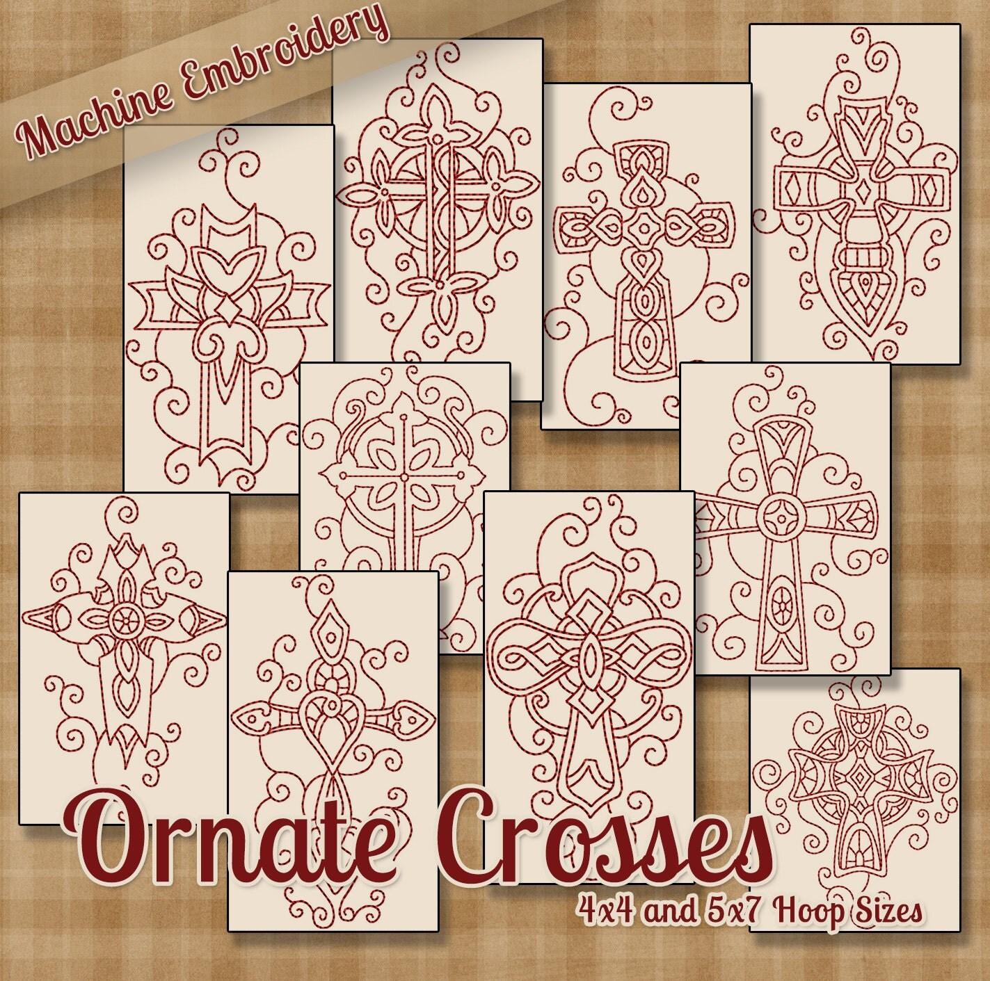 Redwork Ornate Crosses Machine Embroidery Patterns / Designs