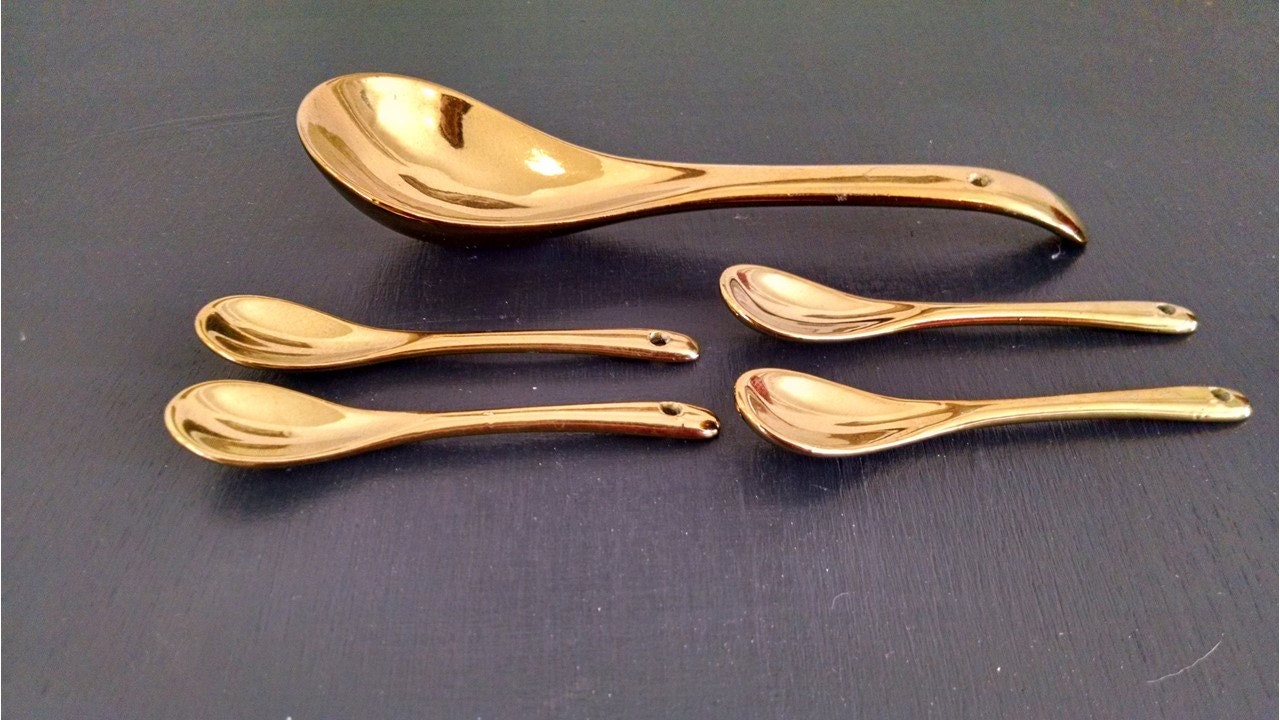 Vintage Serving Spoons, Wedding Engagement Spoons, Gold, Porcelain