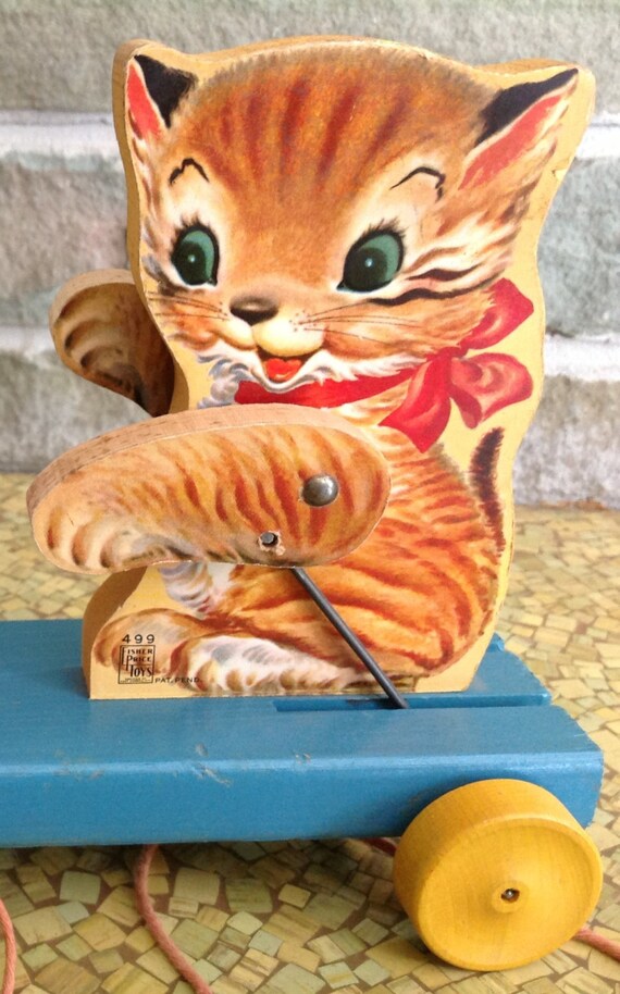 Vintage 1950s Fisher Price Kitten 499 wooden pull toy