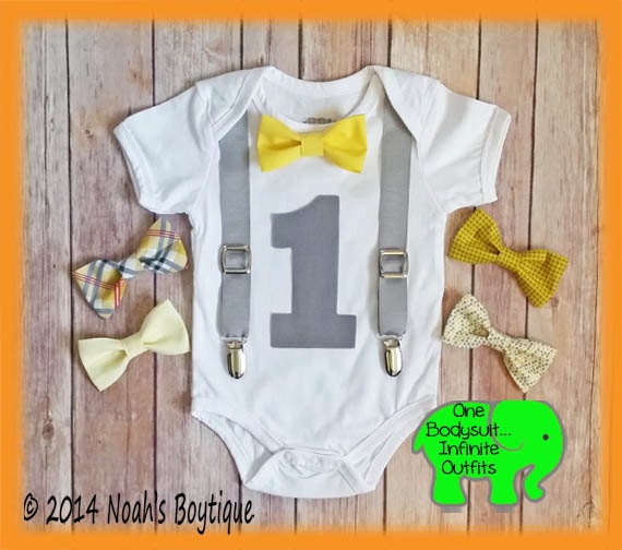 Baby Boy First Birthday Outfit - Grey and Yellow - Boys First Birthday Outfit - First Birthday Clothes - First Birthday Shirt - Suspenders by NoahsBoytiques