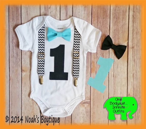 1st Birthday Outfit - Boys First Birthday Outfit - Black Number One - Chevron Suspenders - Aqua Bow Tie - Cake Smash - Birthday Shirt by NoahsBoytiques