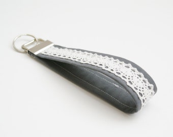 Gray and Lace Key Fob - 5 Inch Loop - Key Strap - Key Wristlet - Key Ring - Gray Key Chain - Fabric Keychain - Key Strap - Lace Fob