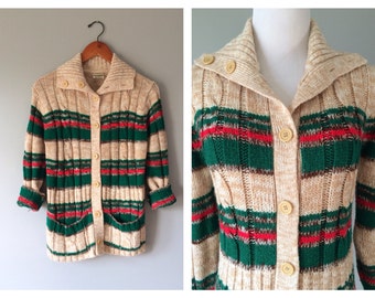 Items similar to 1960s Cardigan Sweater / Graphic Knit V Neck Jumper