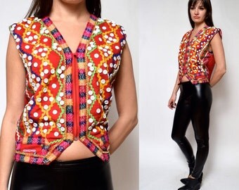 Vintage Red Buttons Embellished Zipper Top Vest
