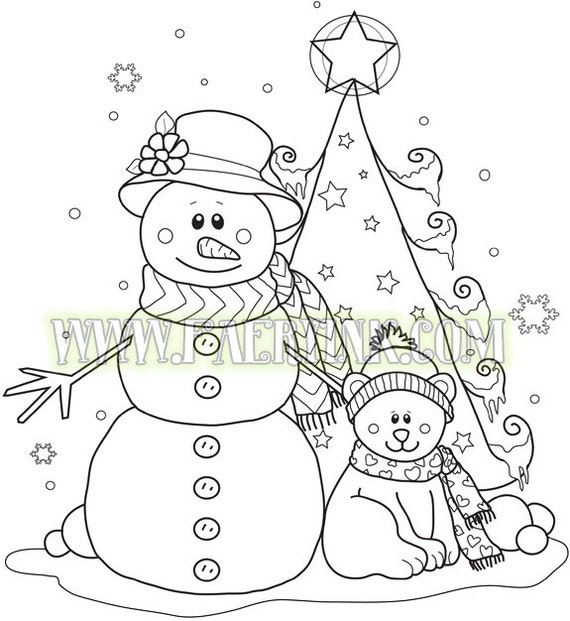 Snowman Teddy Bear Christmas Tree Winter Holidays Snowflakes PNG JPG No Lines Digital Stamp Line Art Drawing