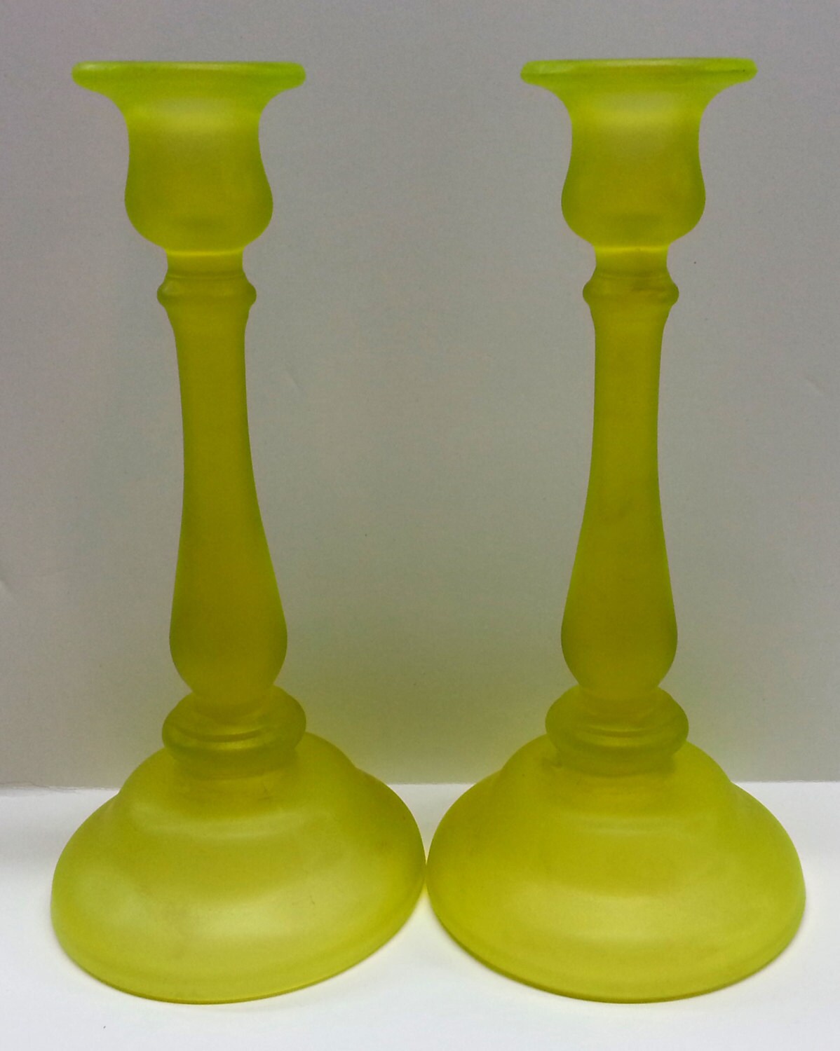 Canary Yellow Vaseline Glass Candlesticks Uranium Taper Candle