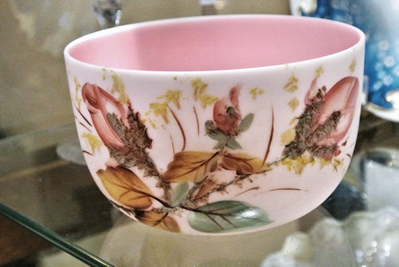 Fenton Moss Rose Peach Blow Blo Bowl For LG Wright Circa 1950s 50s Mid Century Art Glass Rare Hard To Find Pattern Collectible Rose Buds