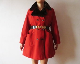 Red Winter Coat Double Breasted Coat Faux Fur Collar and Lining Huge Lapels Woman Autumn Short Coat Made in USA Size Large