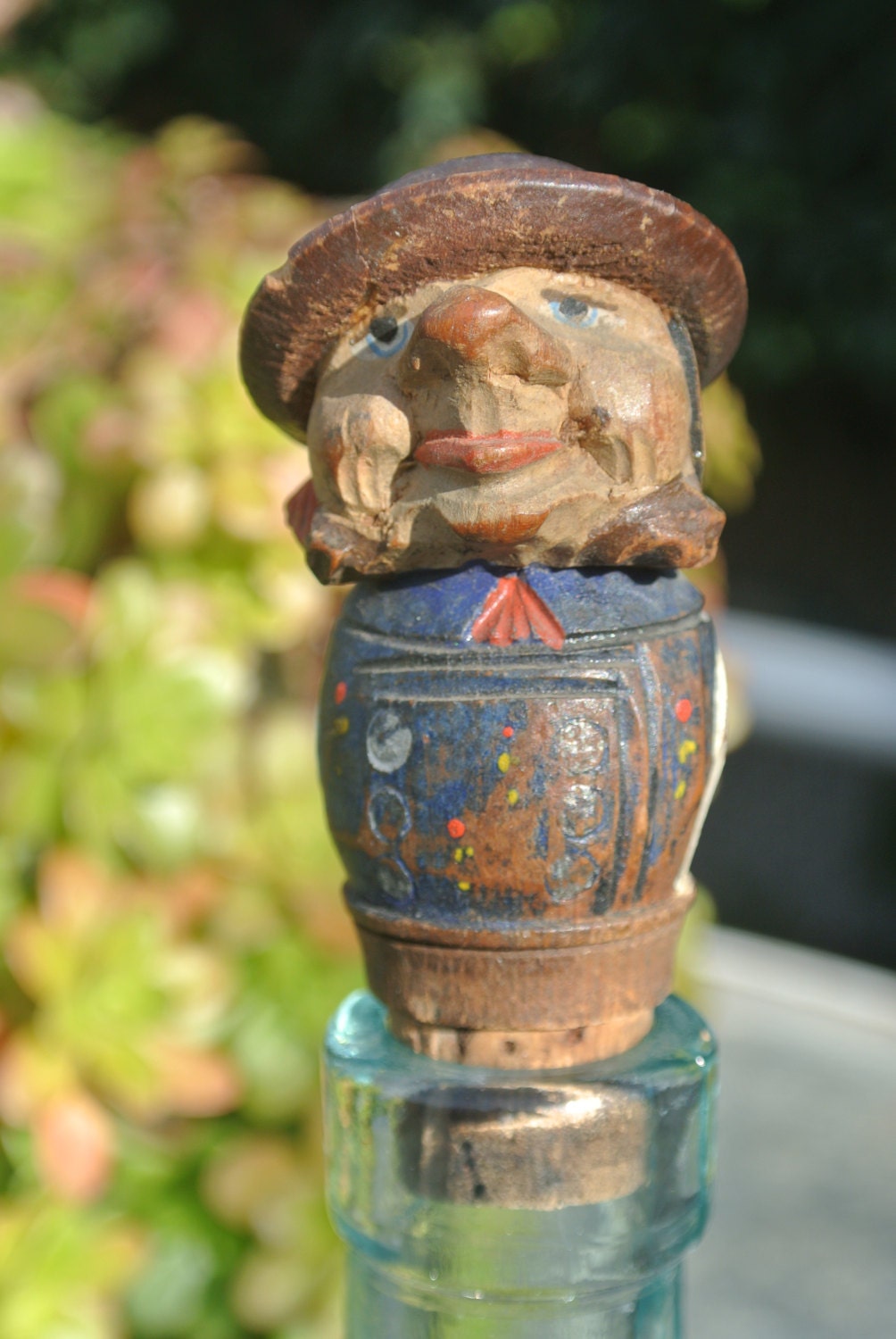 Vintage Carved Wood /Cork Bottle Stopper Anri Style