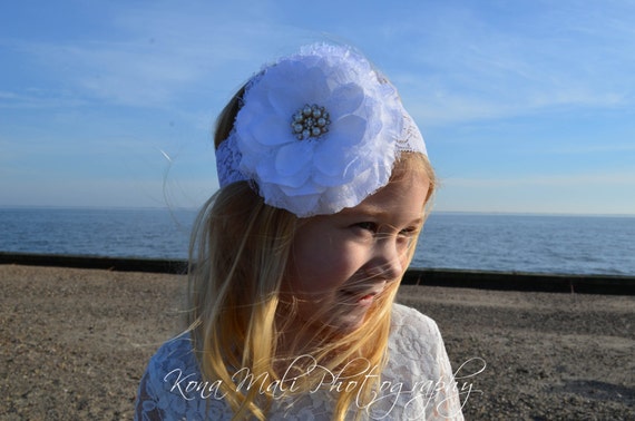 White Flower Headband, Lace Flower Headband, Flower Girl Headband, Wedding Headband, Wedding/Flower Girl Hair Accessory, Baby Girl Headband